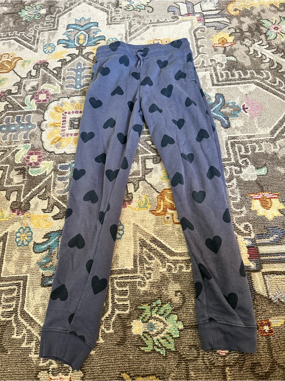 Old Navy Girls Fleece Jogger Sweatpants Blue Gray with Black Hearts Size Xl